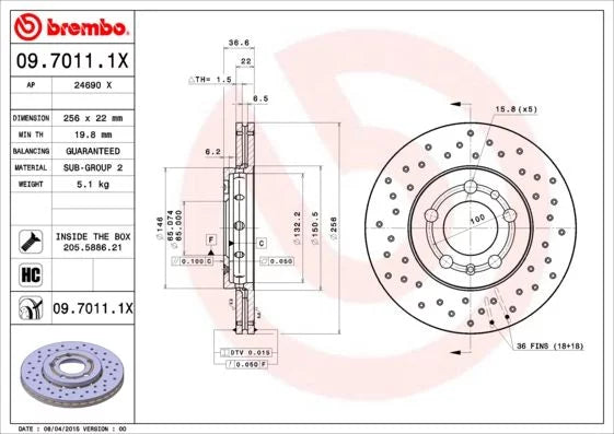 BREMBO Remschijven Xtra Line 256x22mm 09.7011.1X VW, Audi, Seat, Skoda