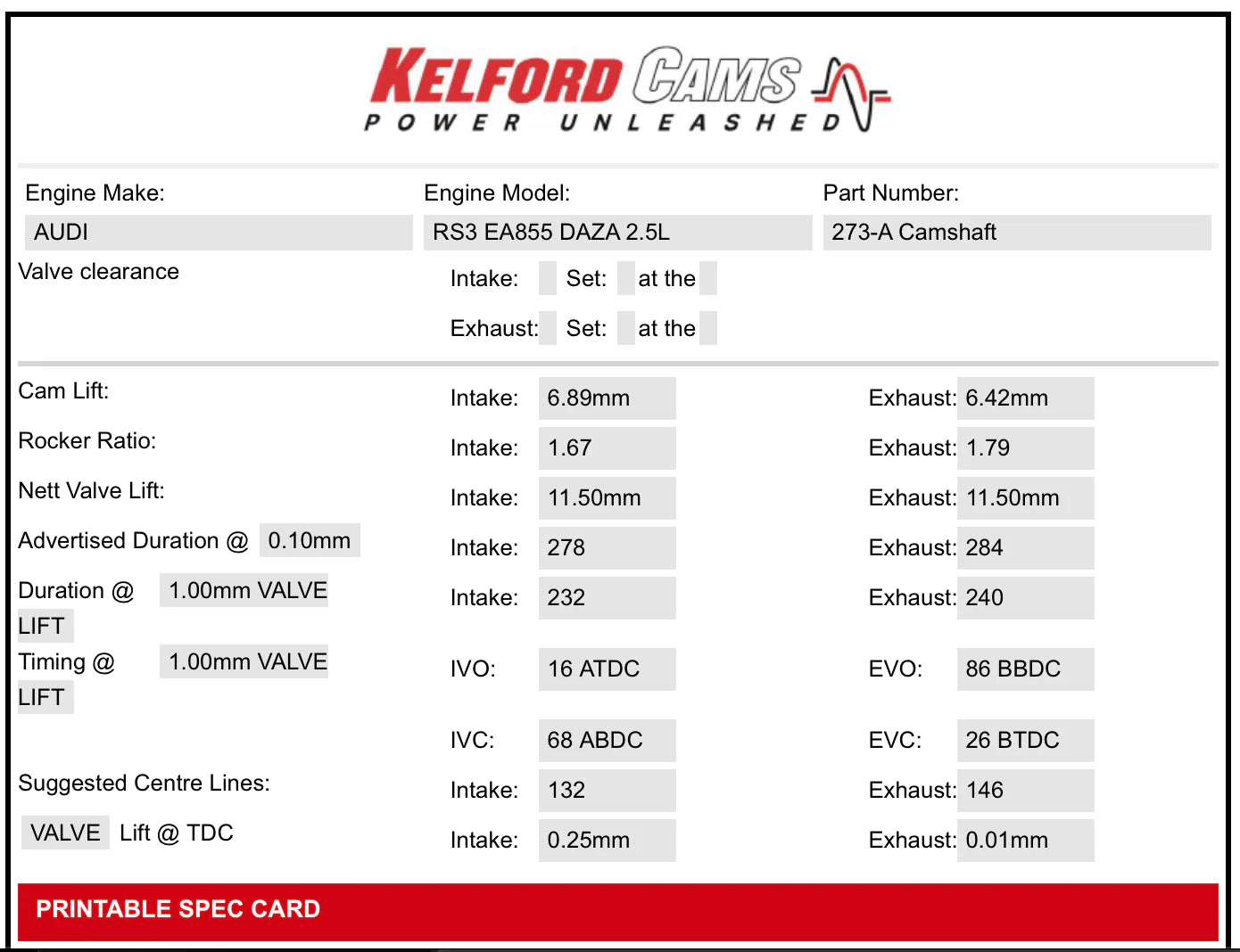 Kelford Stage 1 (Cam A) jusqu'à 1200HP 2.5TFSI EA855 DAZA/DNWA Audi RS3, TTRS